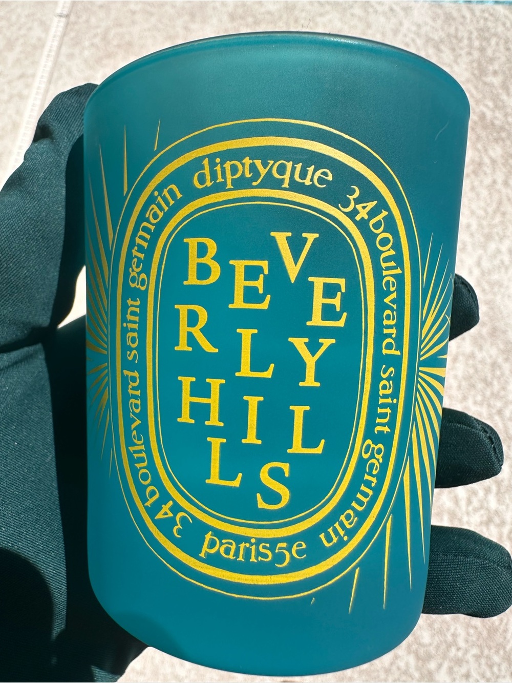 diptyque teal and gold Beverly Hills Candle Holder